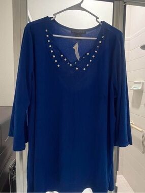 Women's Blue V-Neck Stud Embellished Top